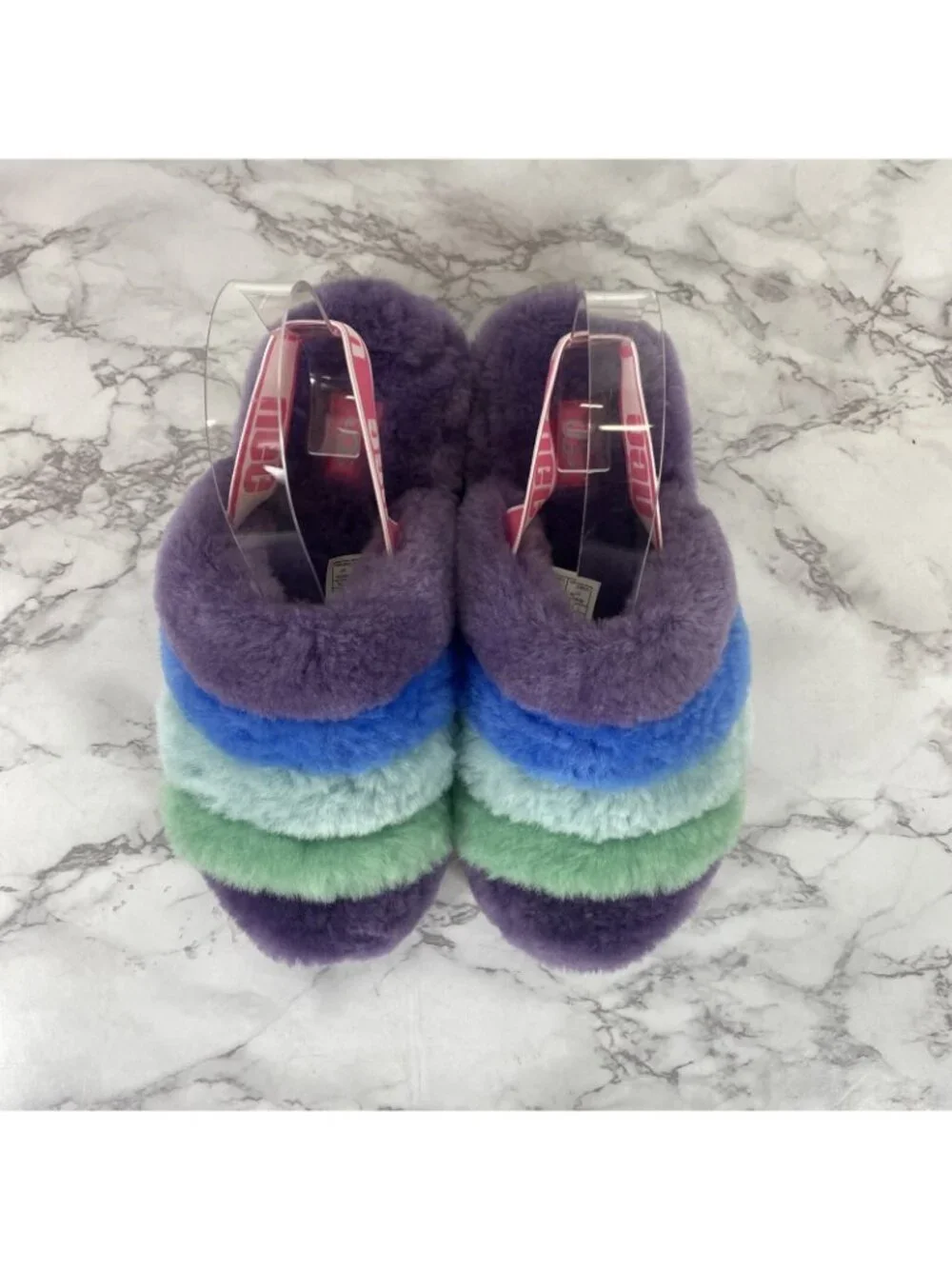 UGG Fluff Yeah Rainbow Purple Furry Women’s Slides Sz 7